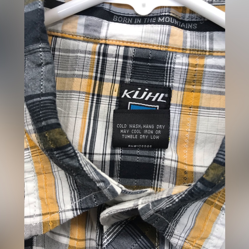 KUHL Shirt Mens Medium Black Yellow Plaid Button Up Short Sleeve Mountain Suncel - Picture 3 of 7